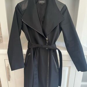Mackage belted trench coat with leather trim